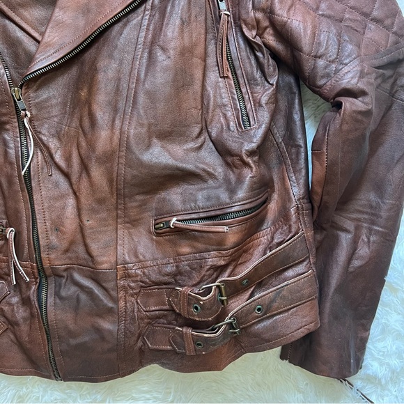 Brown Genuine Leather Moto Biker Jacket - Picture 9 of 9